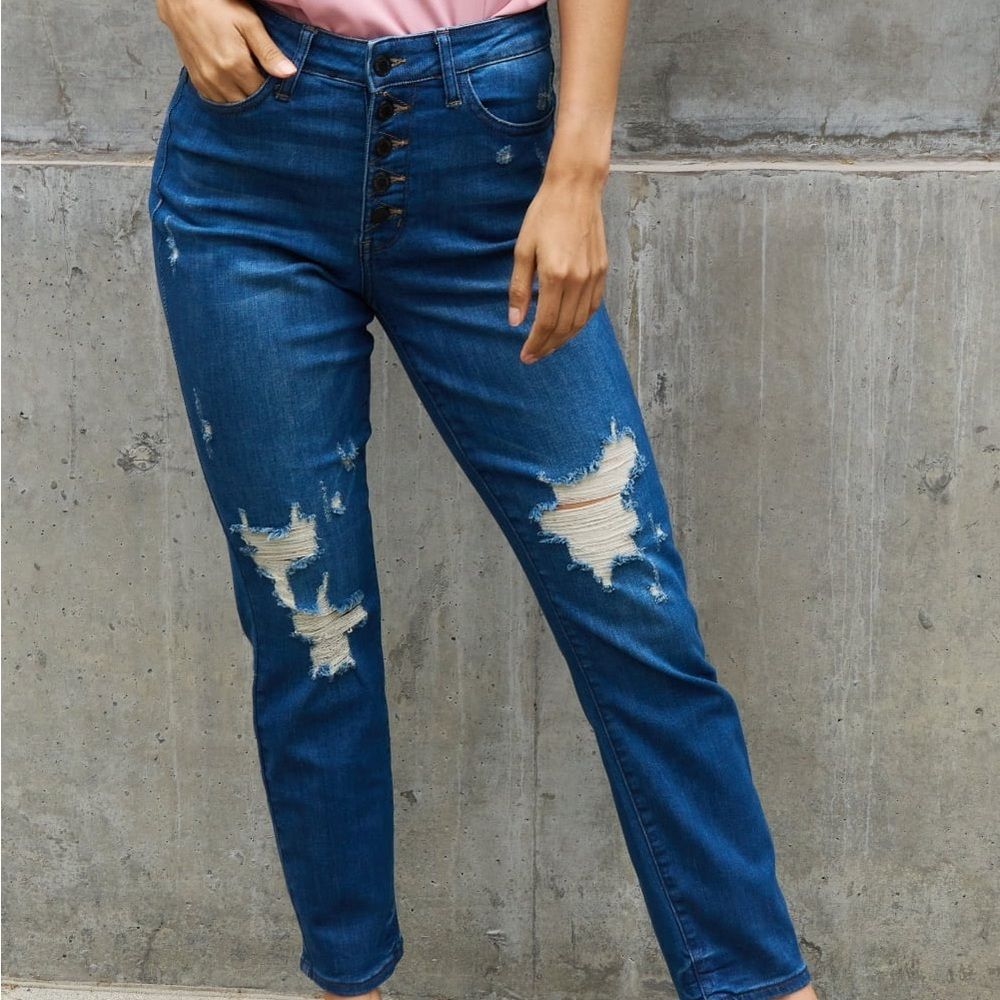 Judy Blue high waist button fly distressed boyfriend jeans denim